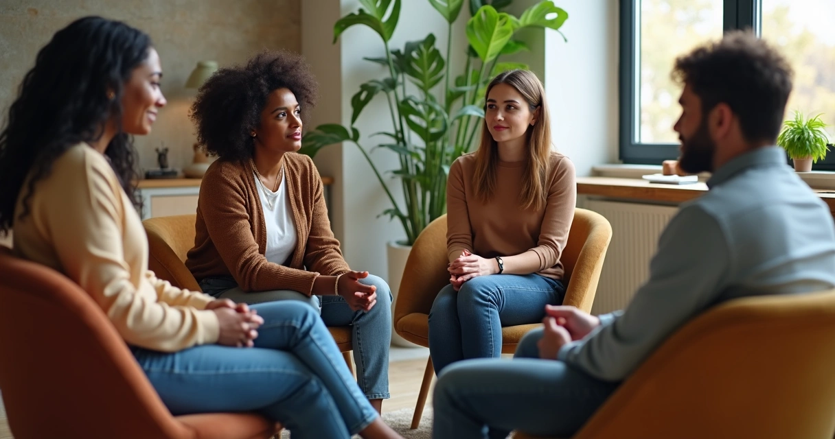 Grupo de colegas de trabalho reunidos para conversa, diferentes idades e origens. 
