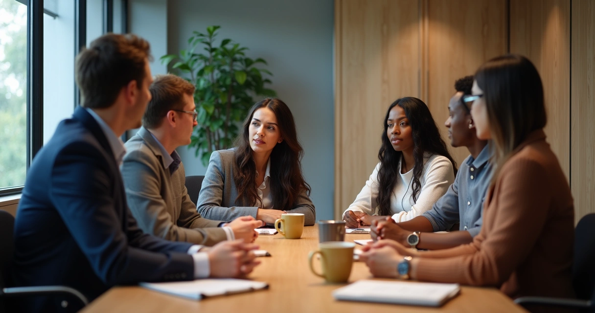 Reunião de grupo profissional com escuta ativa e empatia 