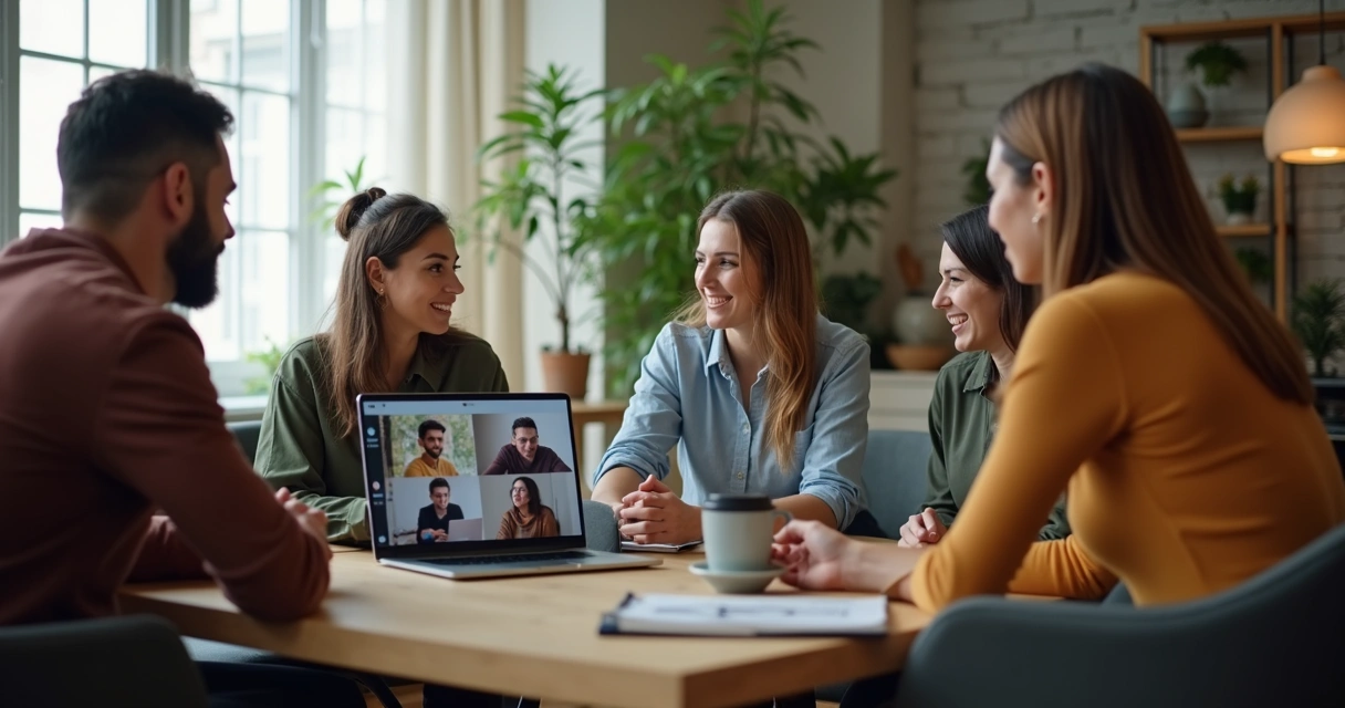 Equipe híbrida em momento de conversa e integração 
