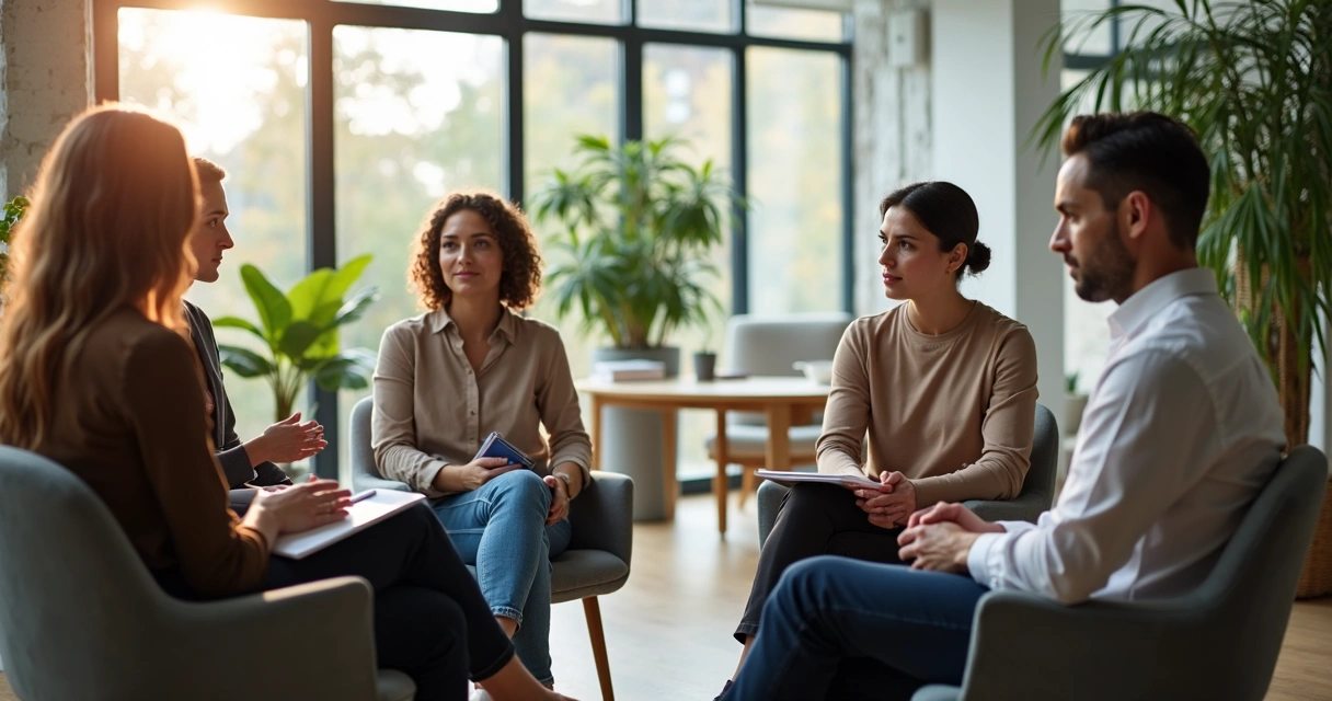 Equipe em reunião com escuta atenta 