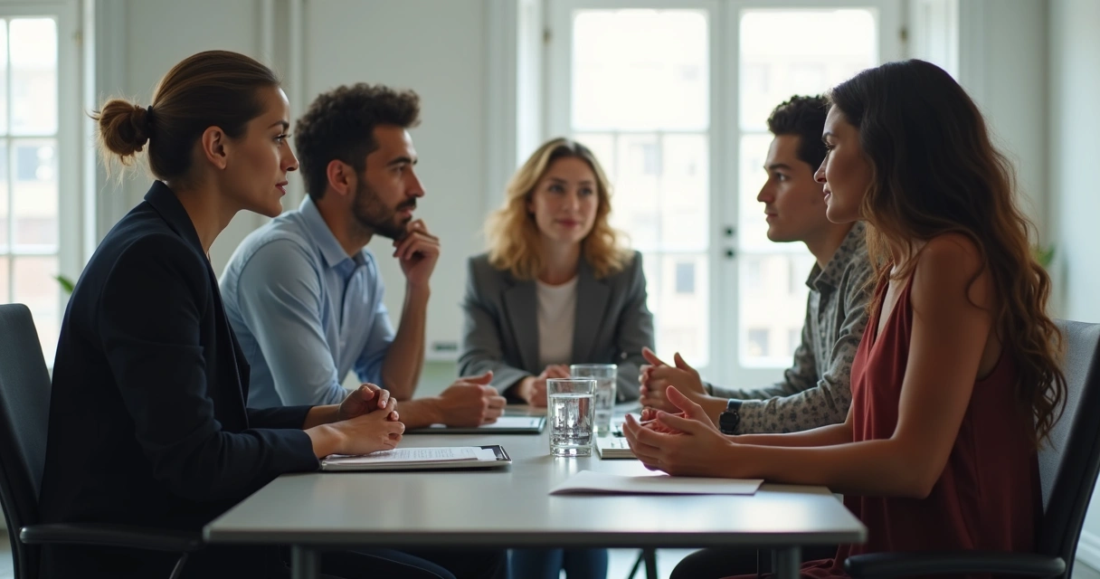 Equipe de trabalho reunida conversando em uma sala moderna