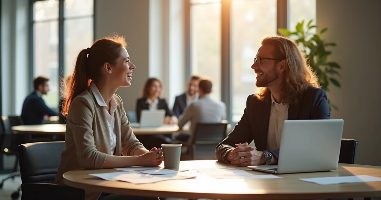 Colegas de trabalho reunidos em mesa redonda discutindo com expressão aberta e amigável 