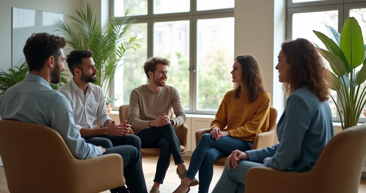 Equipe sentada em círculo conversando abertamente em ambiente de trabalho 