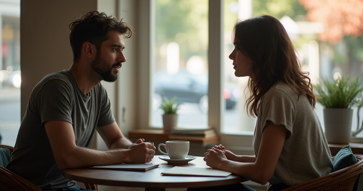 Duas pessoas em conversa séria em cafeteria com gesto de escuta atenta 