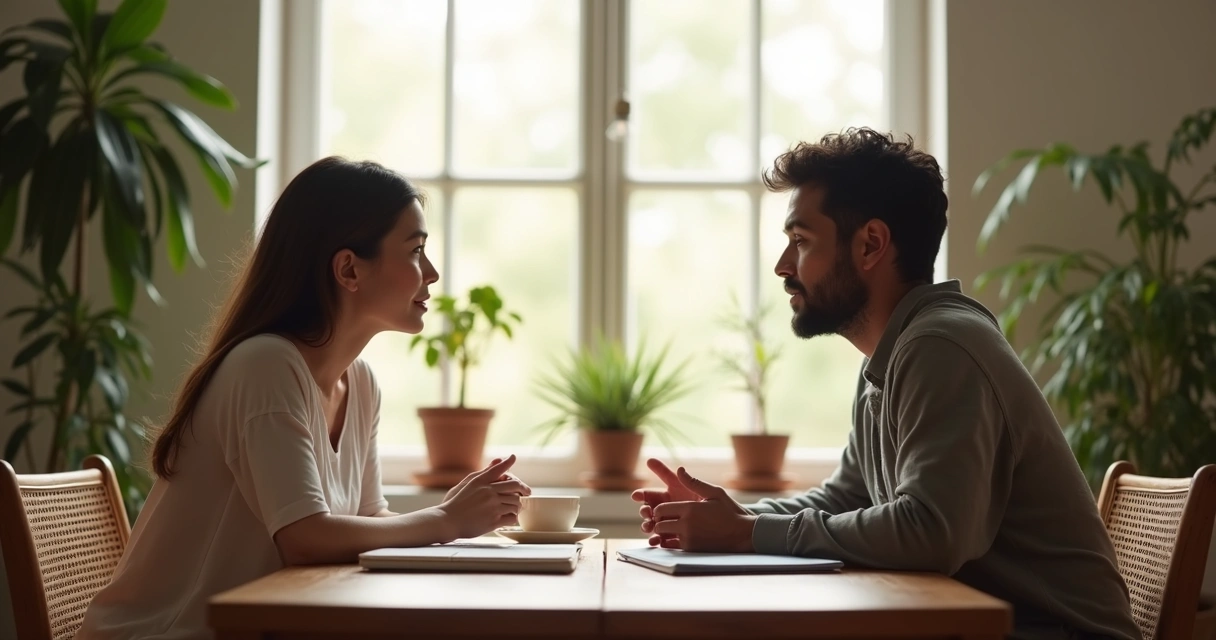 Duas pessoas sentadas em uma mesa conversando atentamente 
