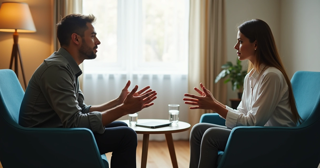 Duas pessoas conversando com atenção em ambiente calmo