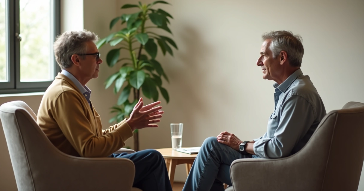 Duas pessoas conversando com atenção em ambiente acolhedor 