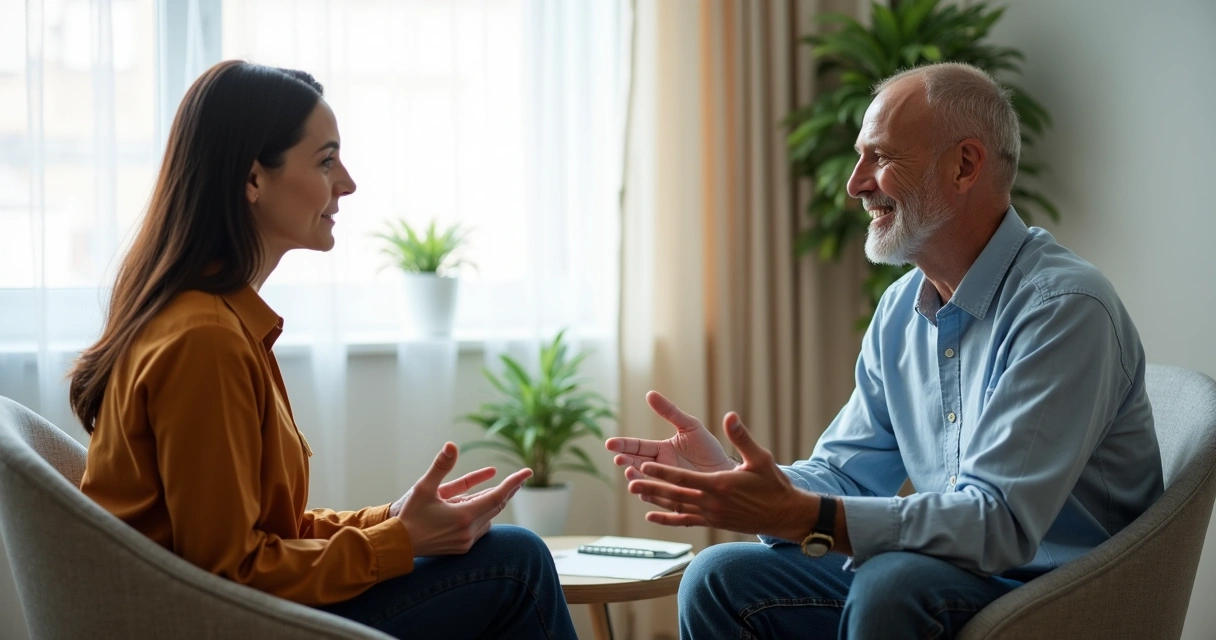 Duas pessoas conversando com atenção em ambiente calmo