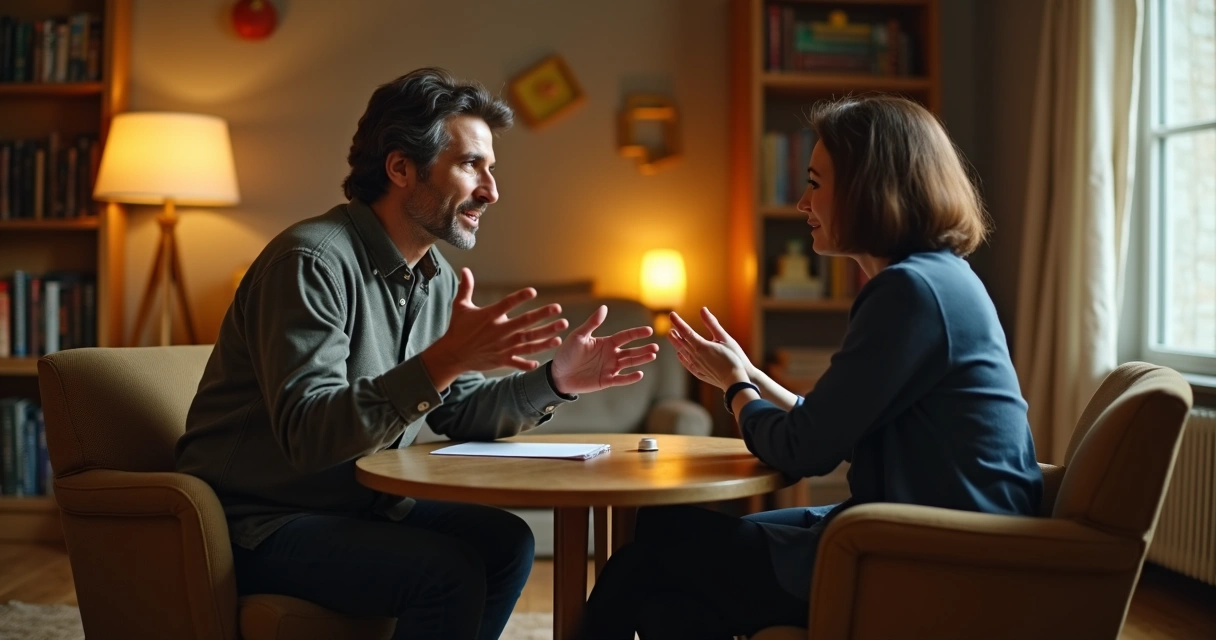 Duas pessoas sentadas conversando, uma ouvindo atentamente com expressão acolhedora 