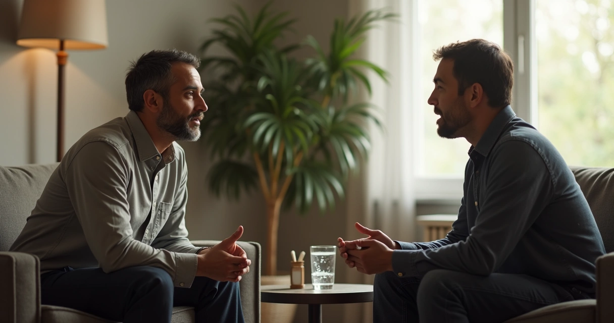 Duas pessoas conversando com escuta atenta em ambiente calmo 
