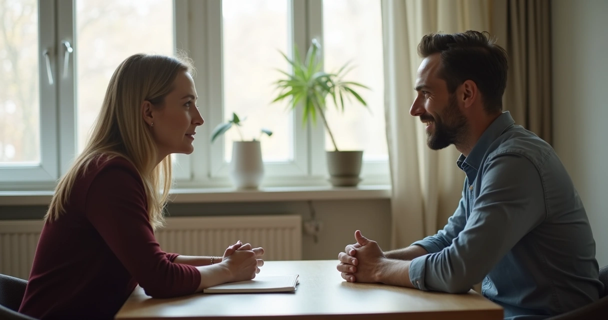 Duas pessoas conversando com atenção em ambiente tranquilo 
