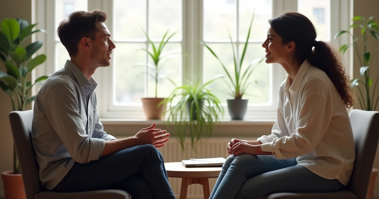 Duas pessoas em conversa atenta em ambiente calmo
