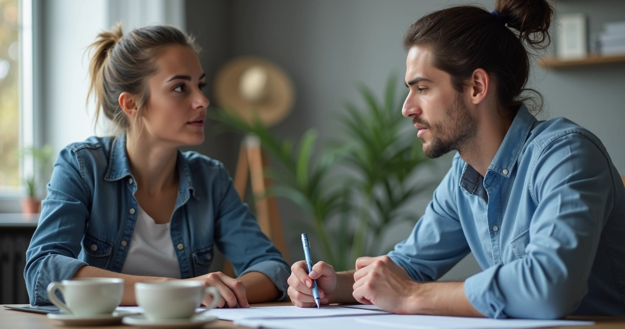 Duas pessoas conversando com atenção durante alinhamento de projeto 