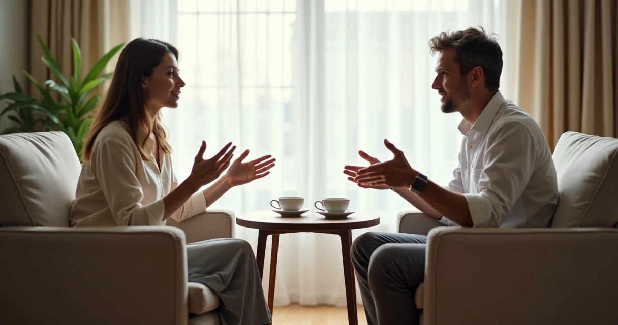 Duas pessoas conversando com escuta atenta em ambiente calmo