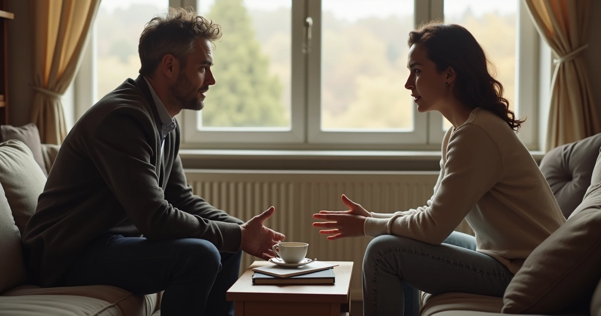 Duas pessoas conversando com seriedade em um ambiente calmo 