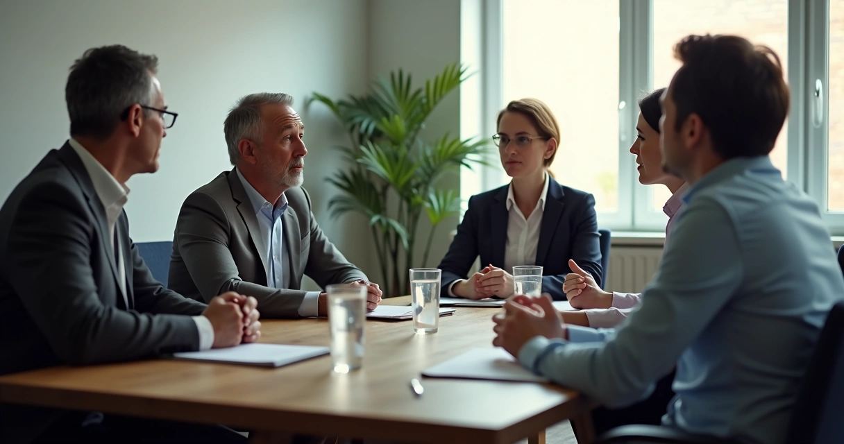 Pessoas conversando em mesa de trabalho com expressões atentas e ambiente sóbrio