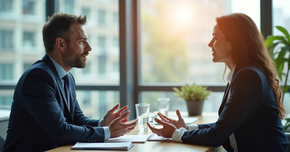 Duas pessoas em conversa respeitosa em ambiente de trabalho