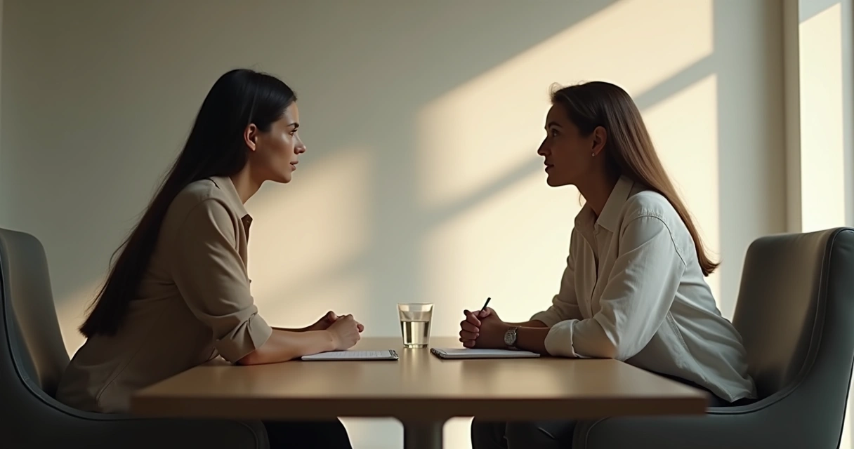 Duas pessoas sentadas conversando em um ambiente tranquilo, com expressões atentas, demonstrando escuta ativa e respeito mútuo. 