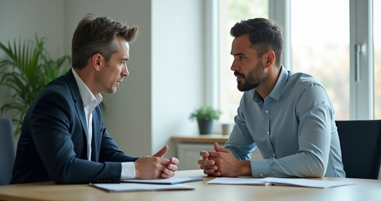 Duas pessoas em conversa séria em escritório com anotações sobre a mesa 