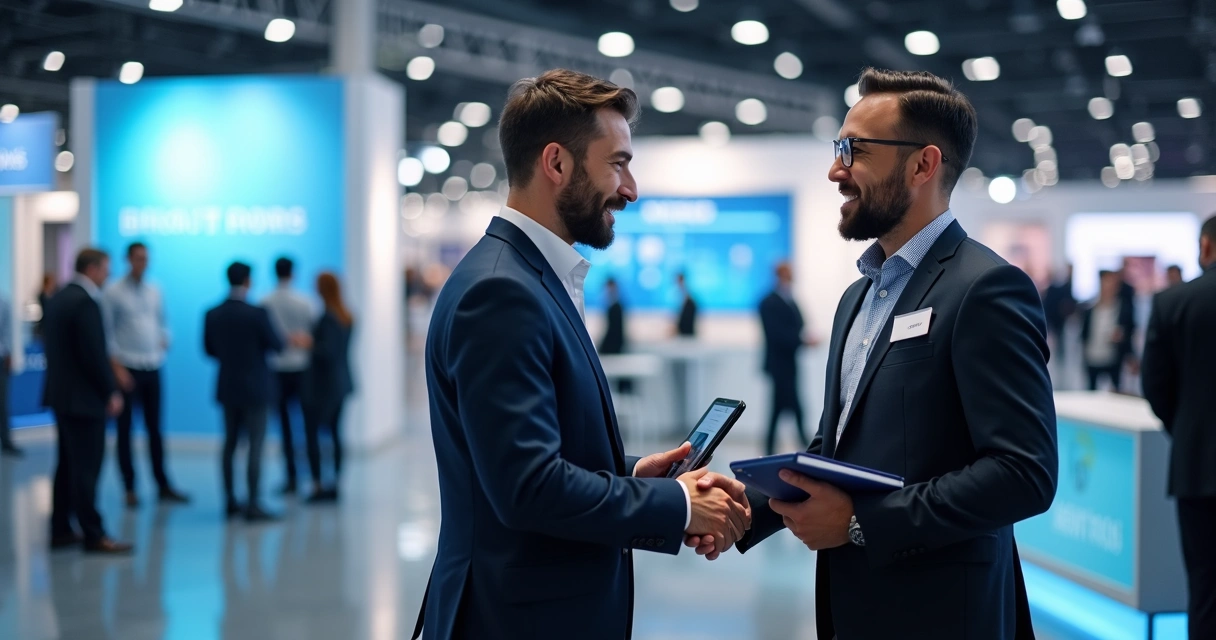 Profissionais conversando em evento corporativo com crachás e estande ao fundo 
