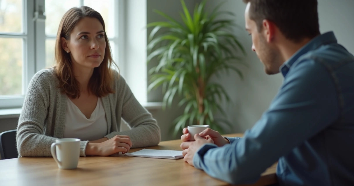 Duas pessoas conversando enquanto uma mantém expressão neutra em ambiente interno
