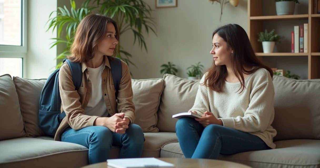 Responsável conversando com adolescente em ambiente acolhedor 