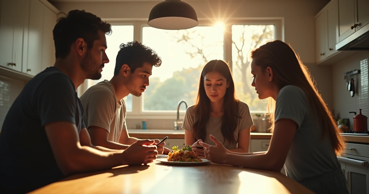 Quatro pessoas em torno de uma mesa de cozinha, duas delas com olhar distante, ausência de contato visual, ambiente moderno e luz natural. 