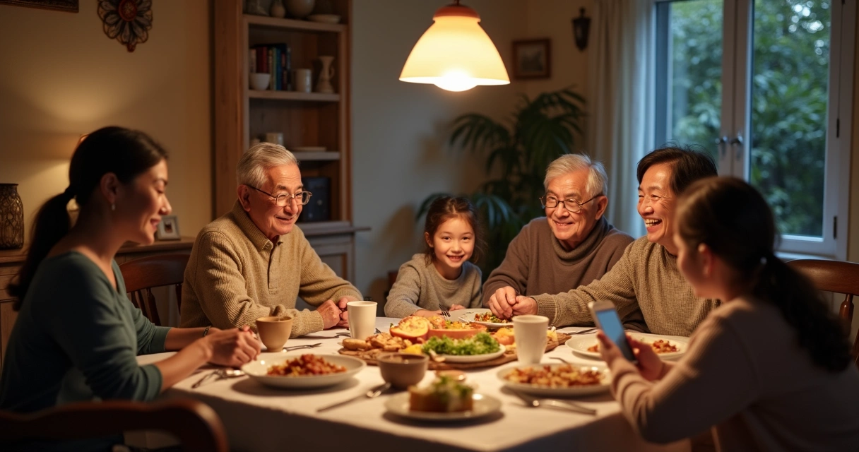 Família de várias gerações em mesa de jantar, discutindo e sorrindo 