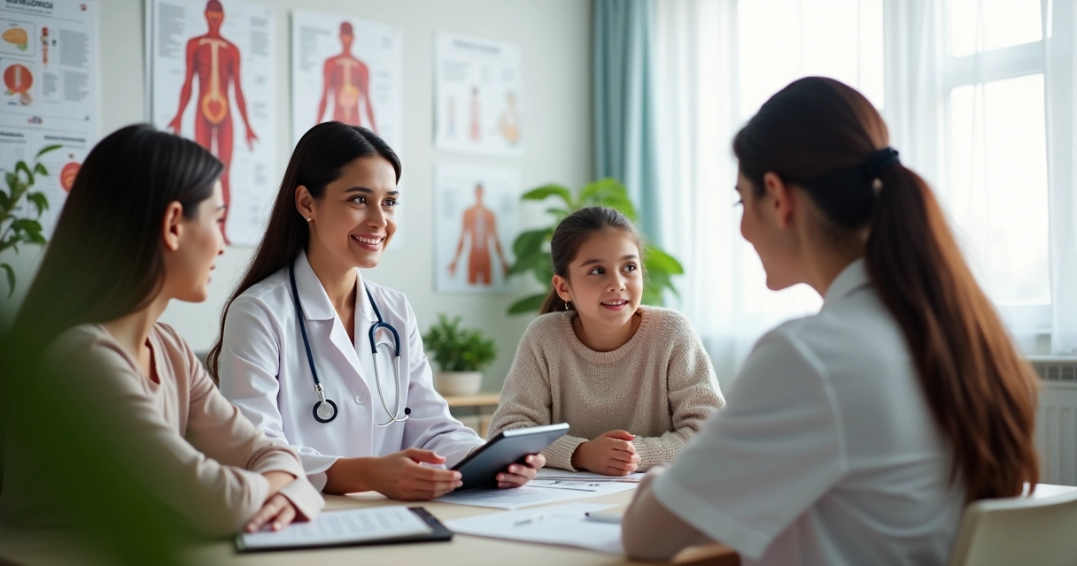 Família conversando com médica em consultório moderno durante atendimento humanizado 