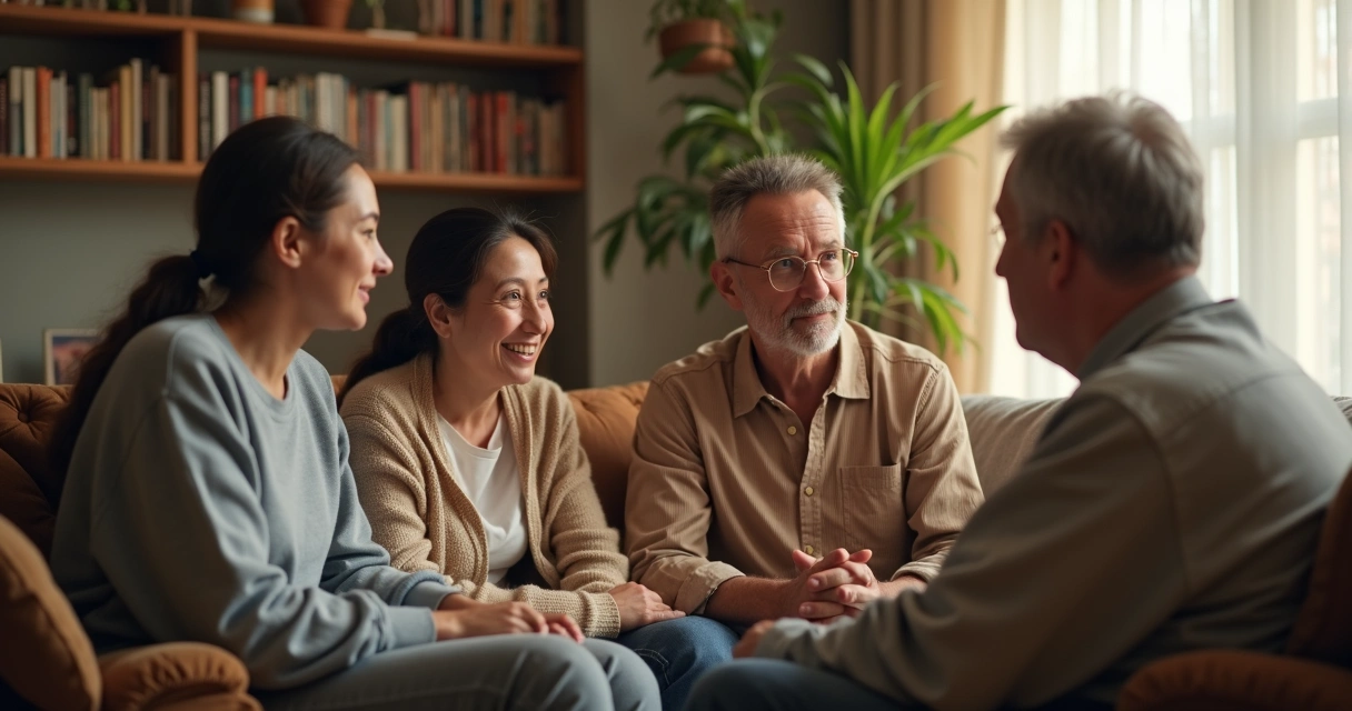 Membros de uma família conversando em uma sala de estar