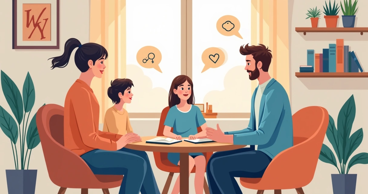 Família conversando com terapeuta em ambiente acolhedor 