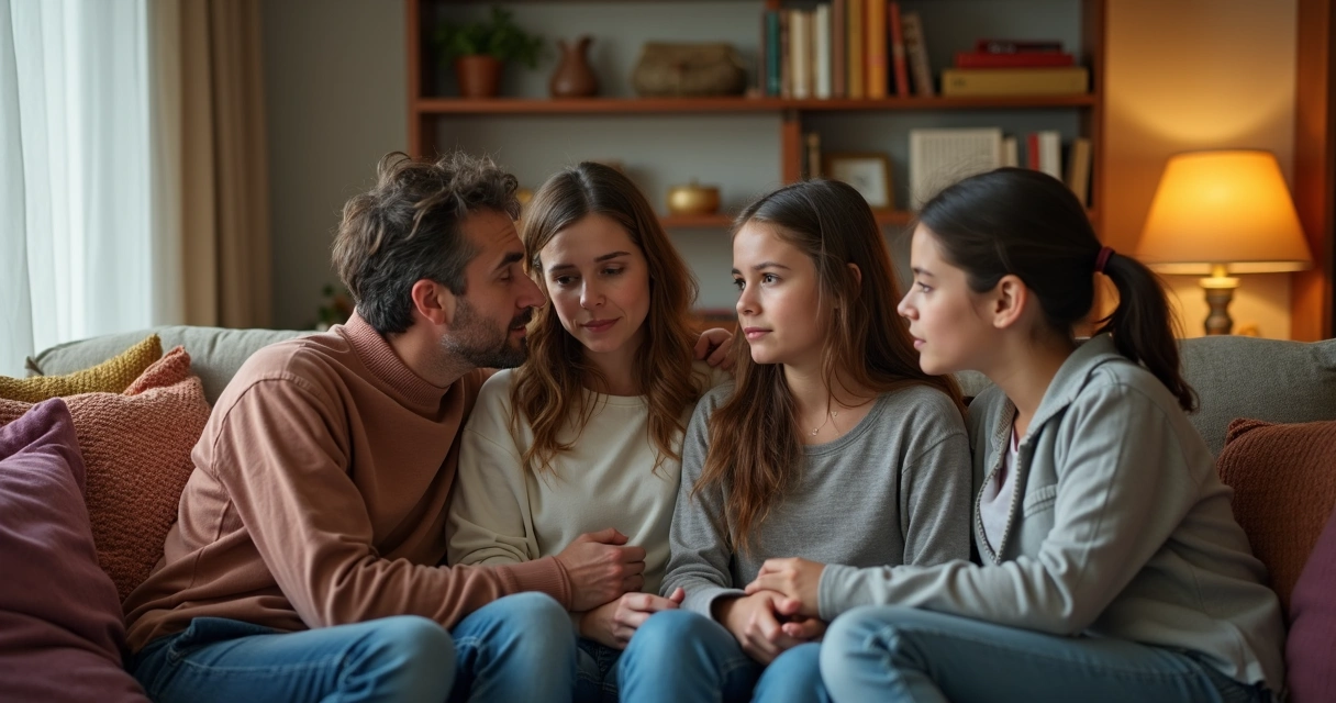 Família sentada com almofadas conversando séria 
