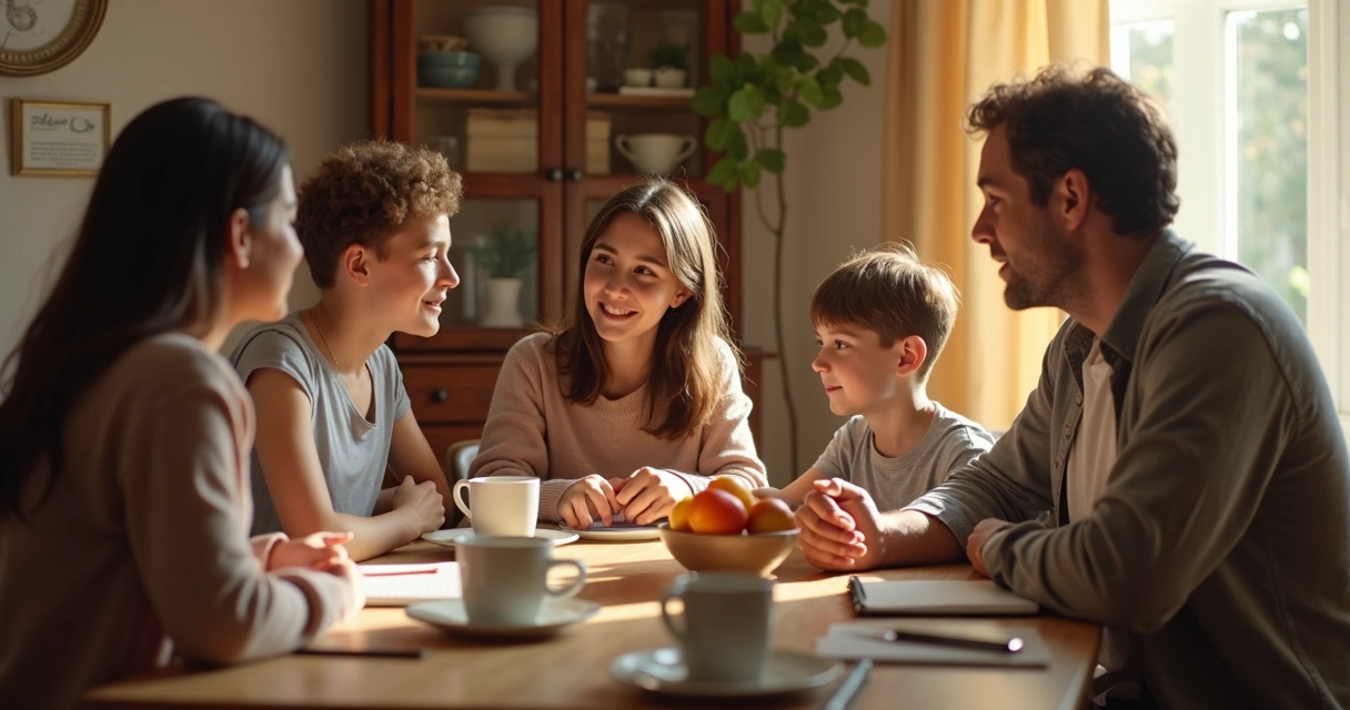 Família conversando à mesa com expressão de acolhimento