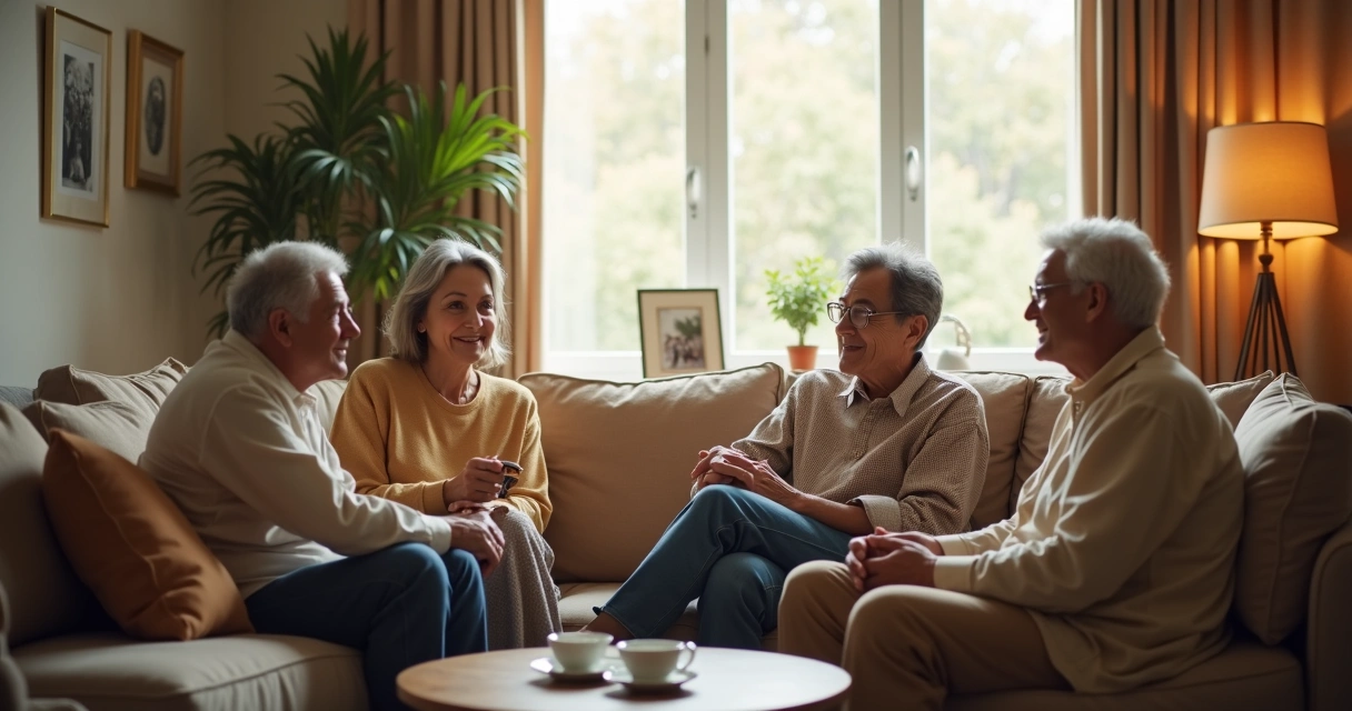 Família conversando em sala com escuta atenta