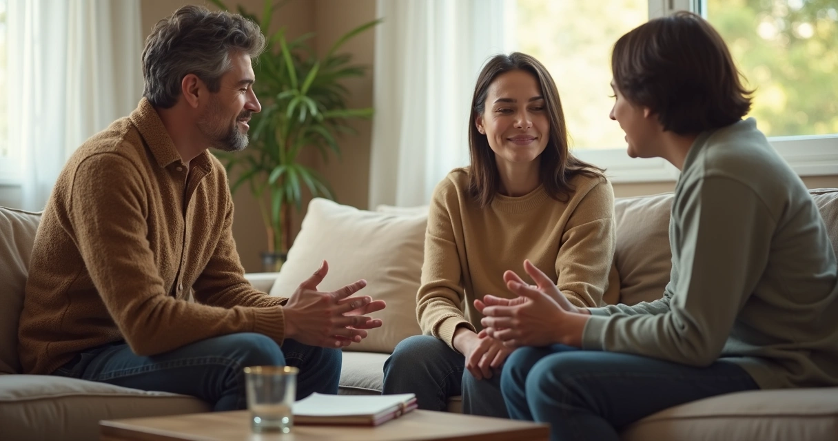 Dois familiares conversando com acolhimento em casa 