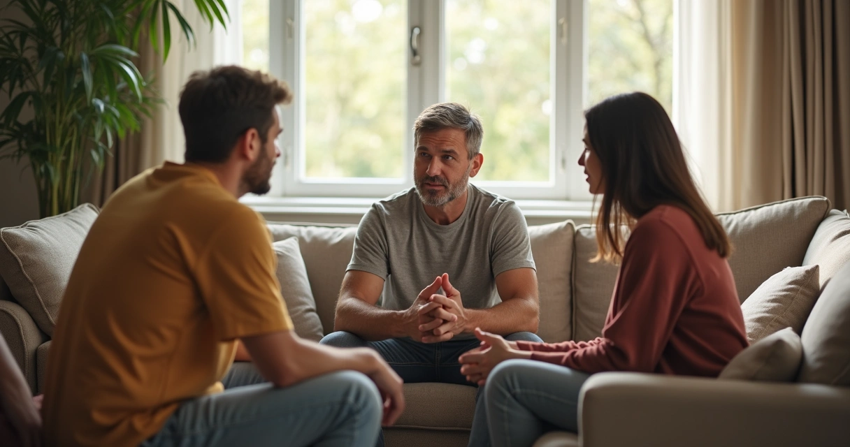 Família em conversa acolhedora na sala de casa
