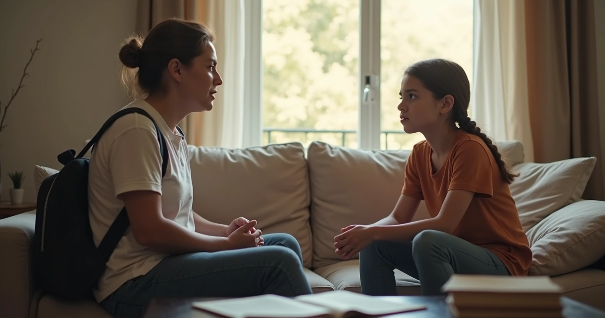 Responsável conversando com adolescente em ambiente doméstico