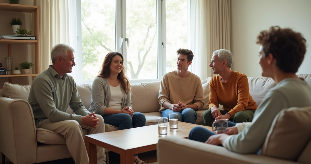 Familiares sentados conversando com calma em sala clara