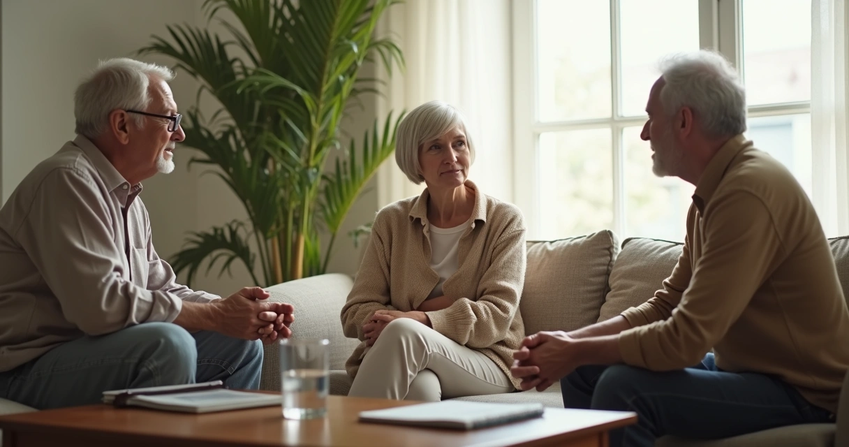 Família conversando com calma na sala