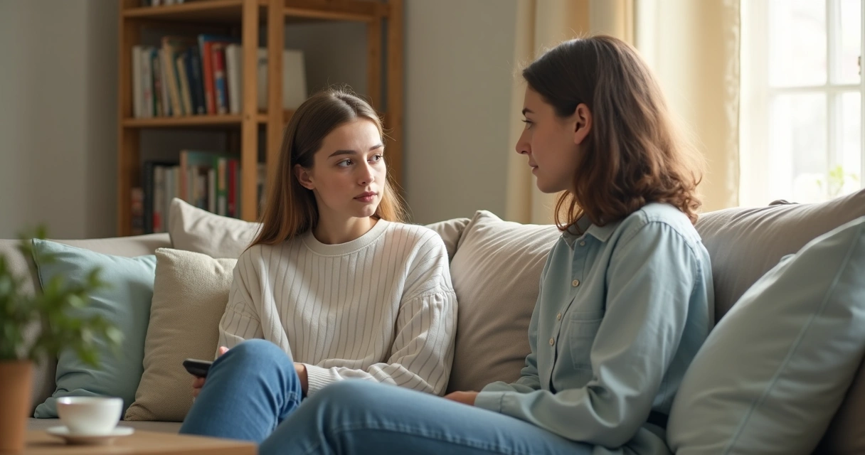 Adulto e adolescente conversando no sofá com luz suave
