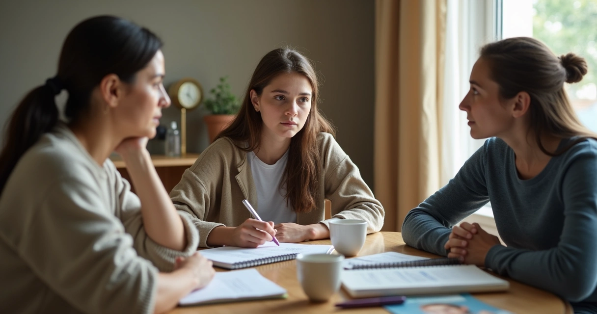 Família conversando com jovem sobre carreira na mesa