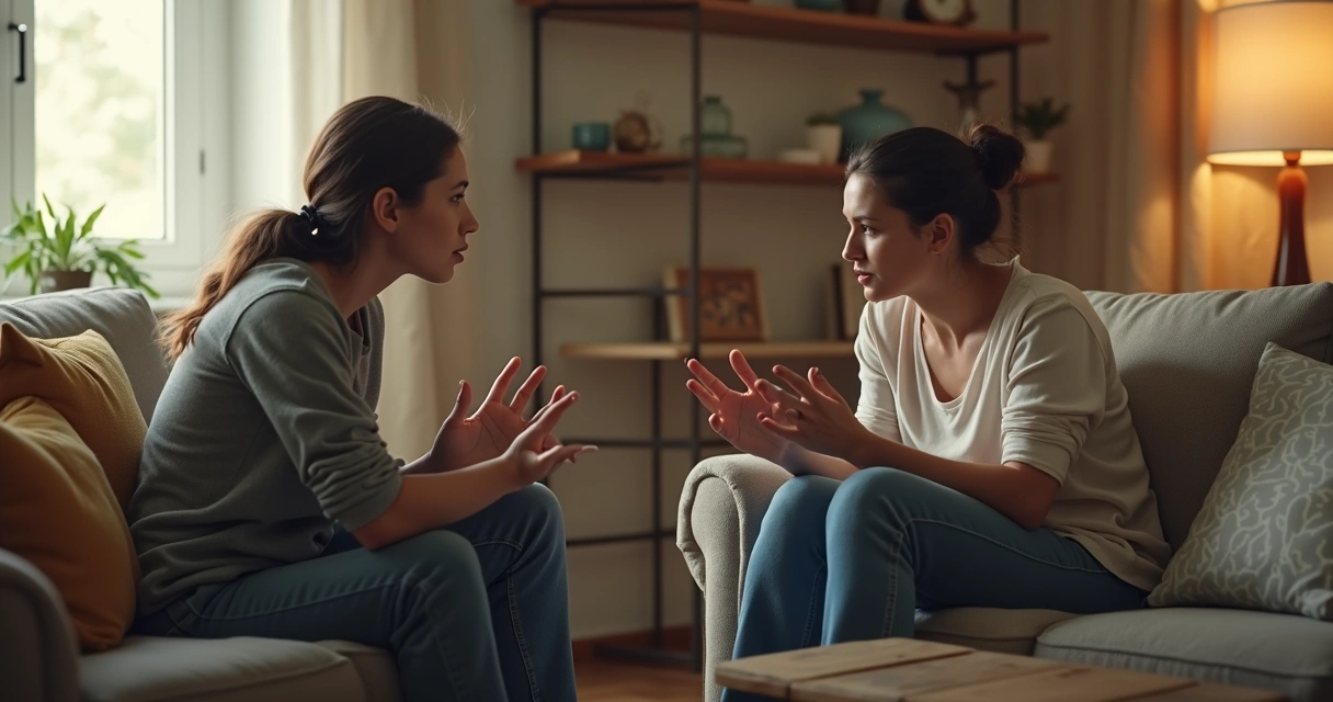 Duas pessoas conversando em uma sala de estar, com rostos atentos um ao outro. 
