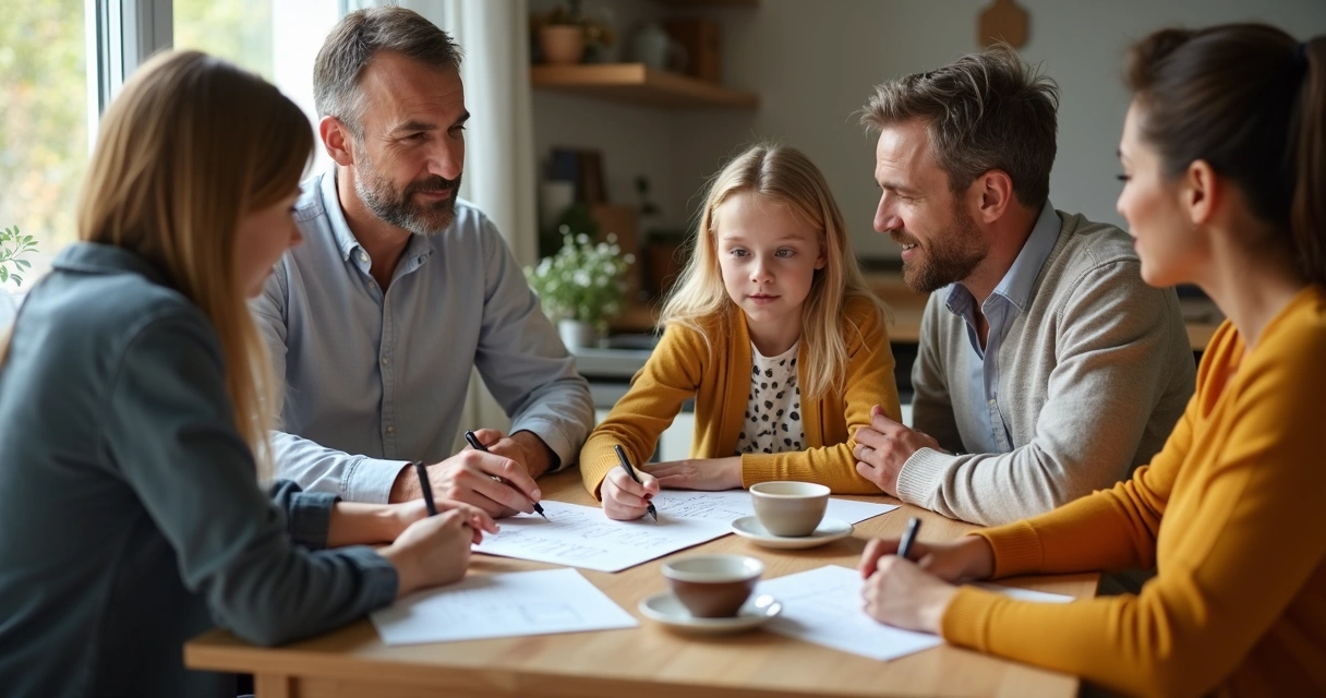 Família conversando em mesa com clima de escuta e divisão de tarefas 