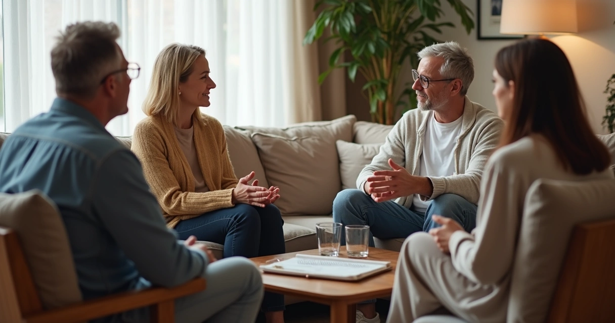 Familia sentada em roda conversando com atenção