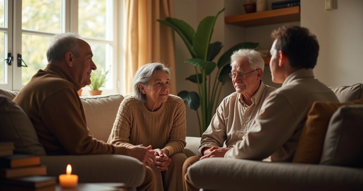 Família conversando em sala com diferentes gerações