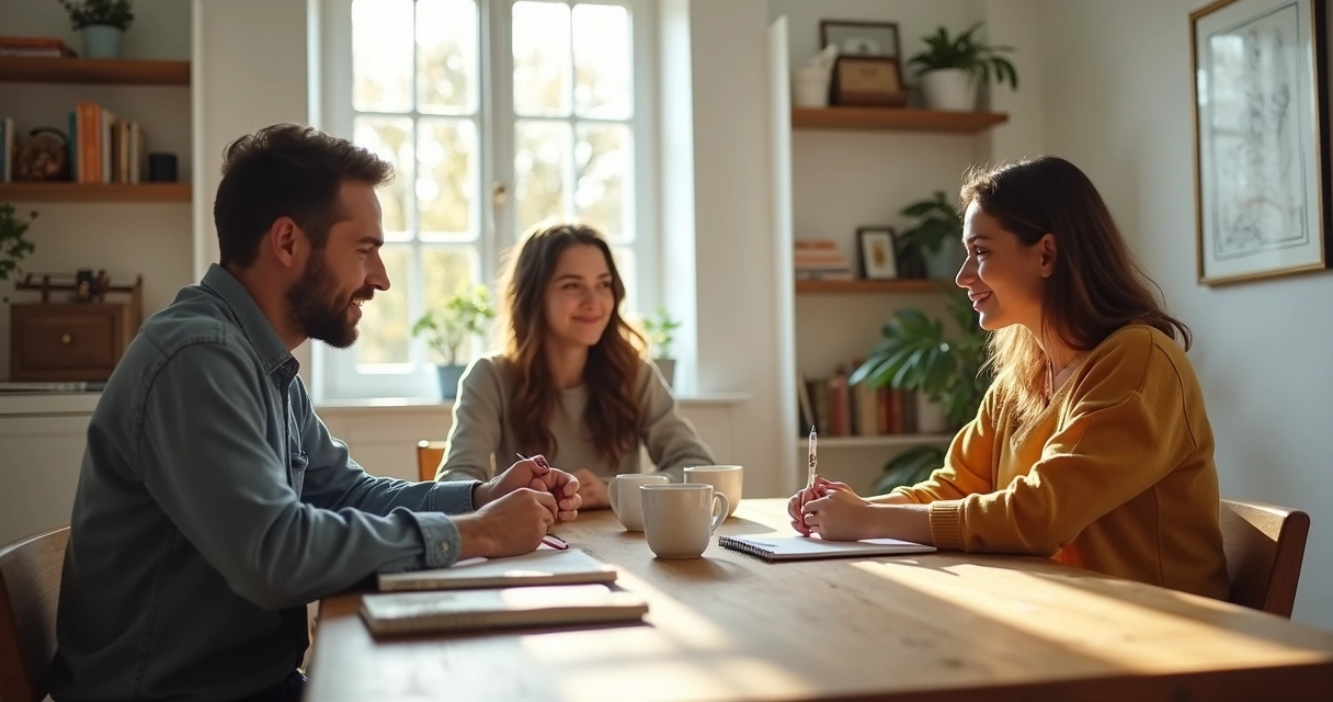 Família conversando à mesa com adolescente no centro