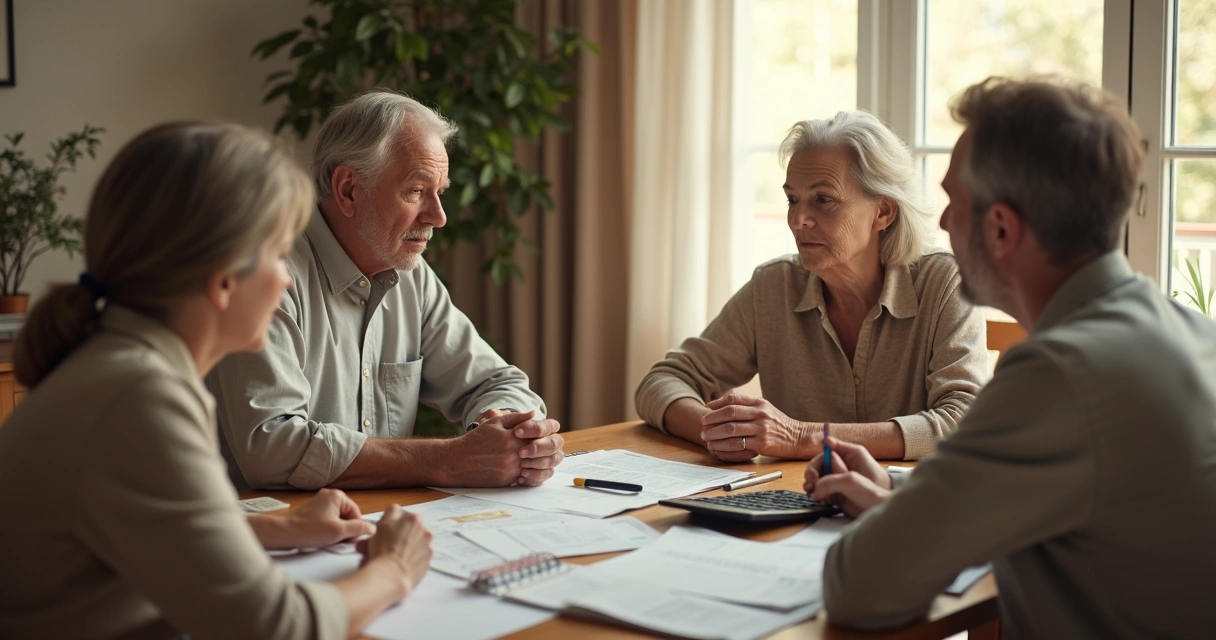 Família reunida conversando sobre finanças à mesa 