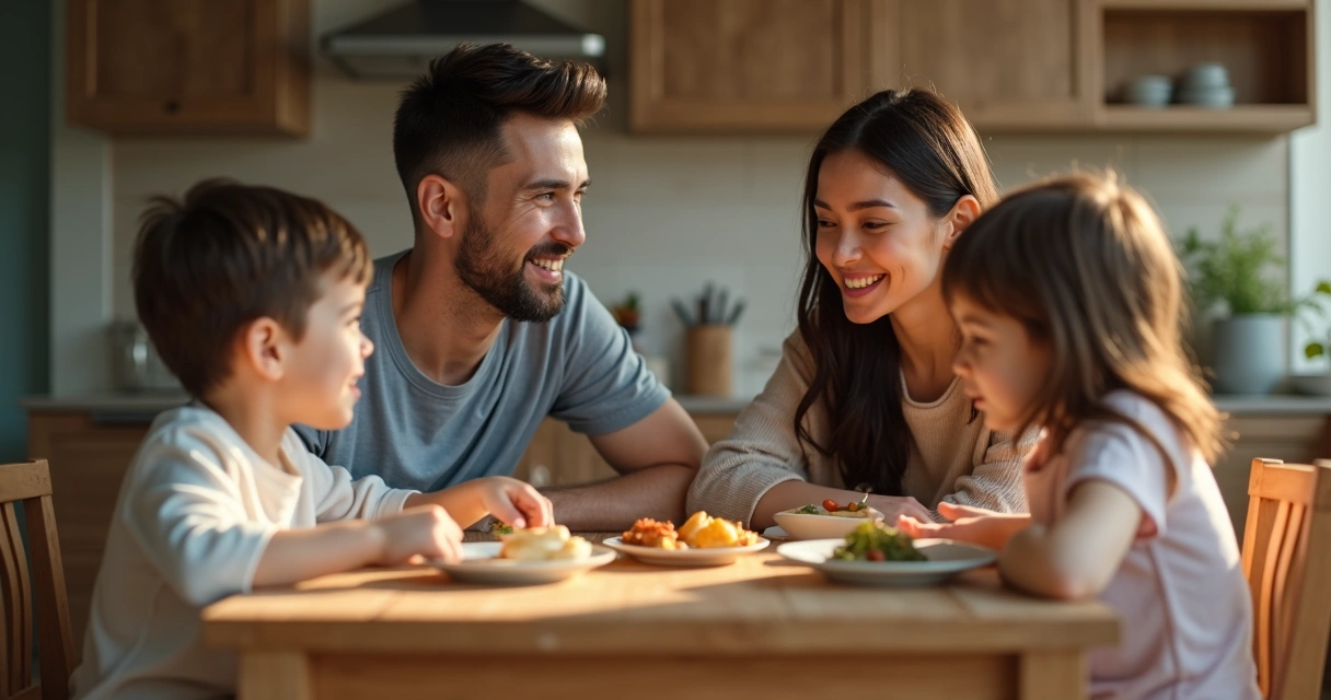 Família conversando em volta de uma mesa de jantar 