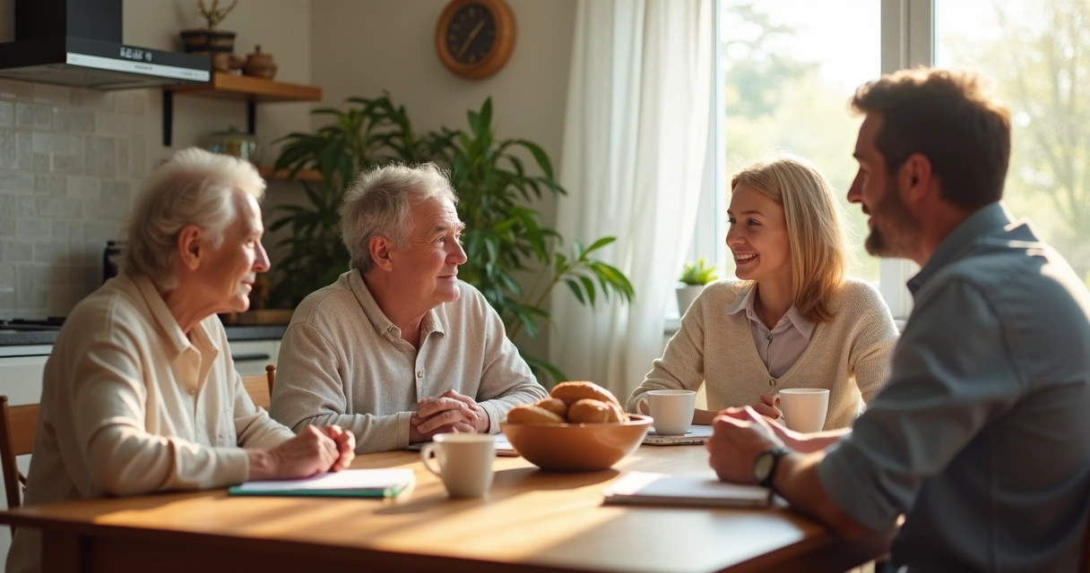 Família conversando à mesa com três gerações 