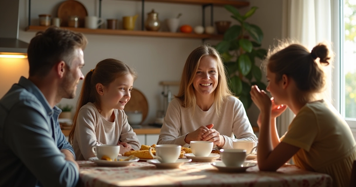 Pais e filhos conversando na cozinha, atmosfera acolhedora 
